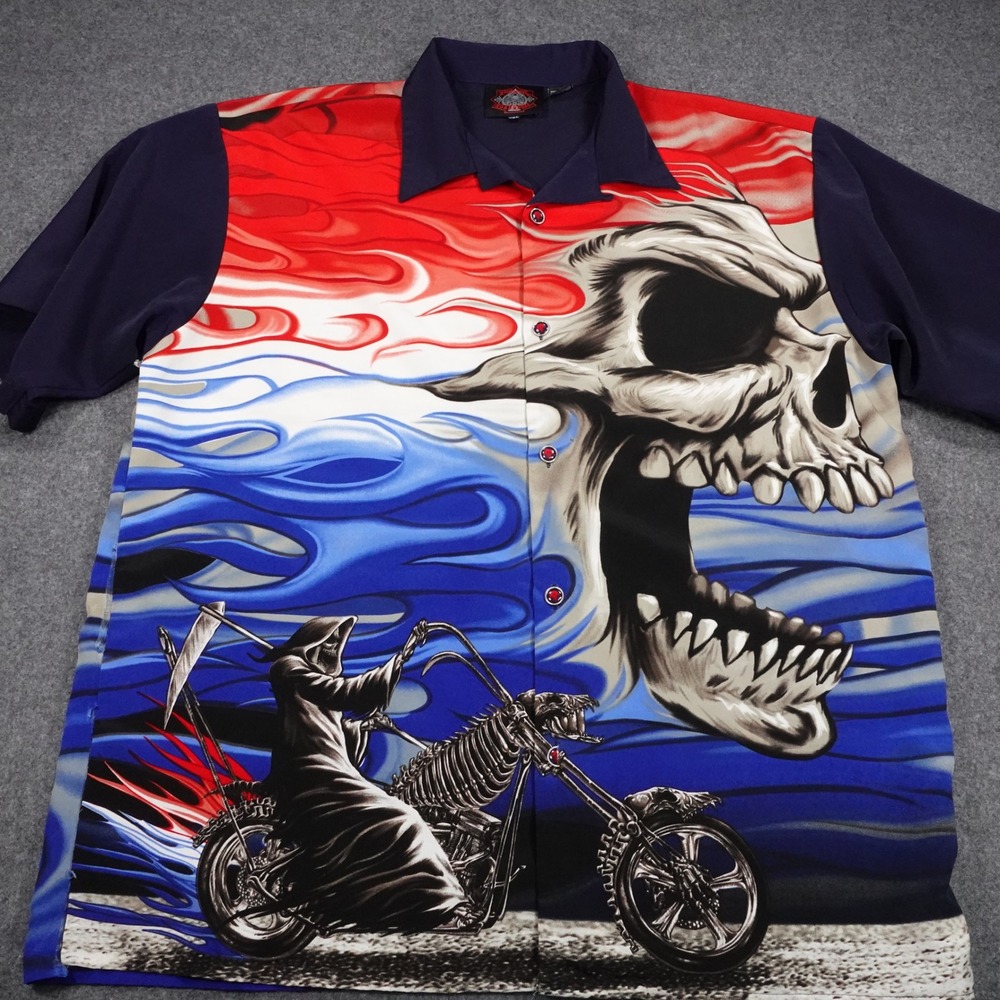 Dragonfly Roadhouse Grim Reaper Skull Flame Button Down Shirt  XXL Blue Red READ